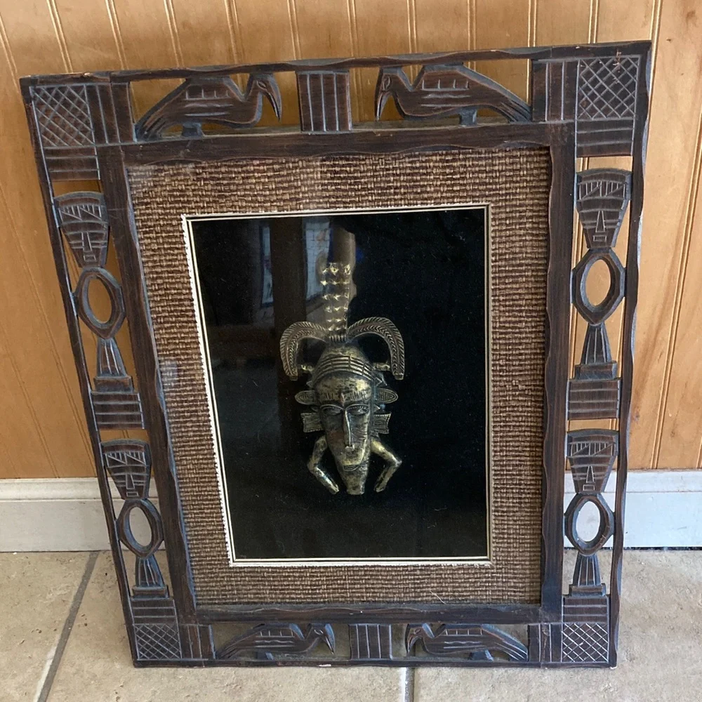 Handcrafted Brown Wood Framed African Mask Wall Art